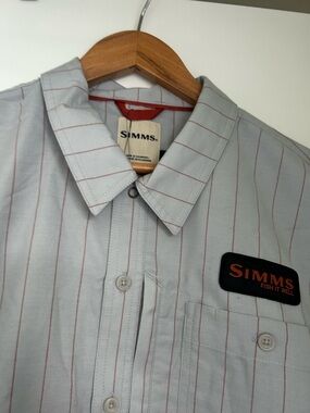 Simms Light Gray Button-Down Shirt with Rust Pinstripes